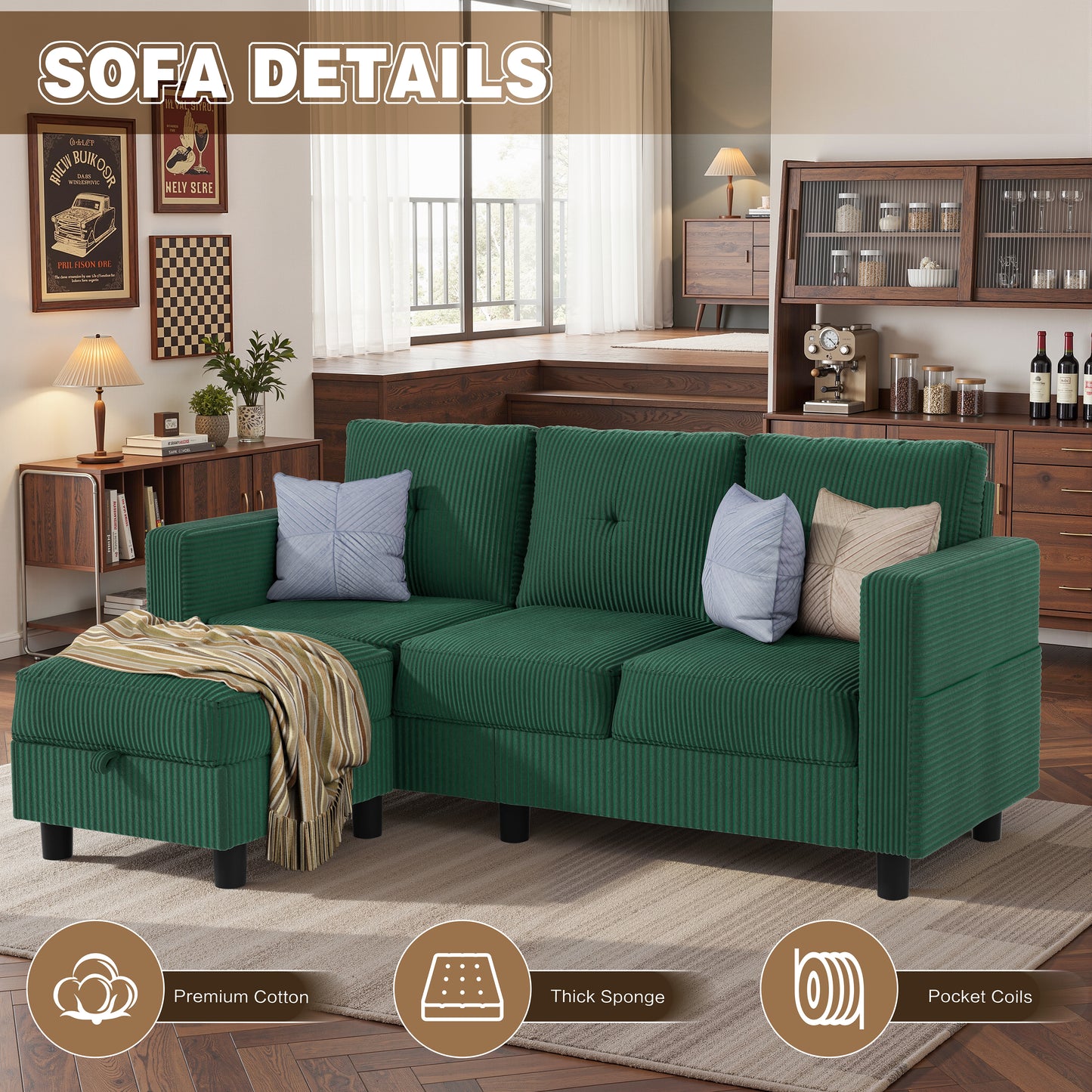 Walsunny Convertible Sectional Sofa Couch, Modern Linen Fabric L-Shaped Couch 3-Seat Sofa Sectional with Reversible Chaise for Small Living Room, Apartment and Small Space