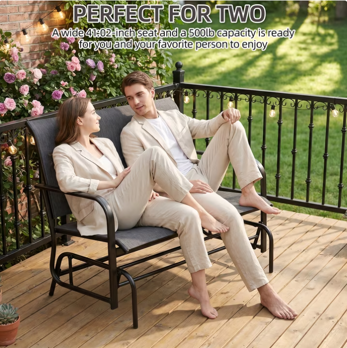 Walsunny 2 Person Outdoor Glider Bench, Patio Loveseat Rocking Chair with Powder-Coated Steel Frame and Breathable Textilene Fabric for Porch Backyard Garden, Gray