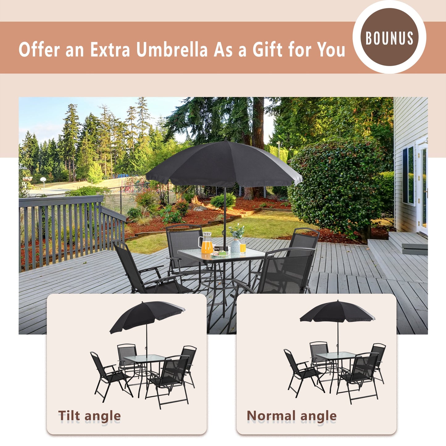 Walsunny Patio Furniture 6 Pieces Texilene Outdoor Folding Dining Set With Umbrella