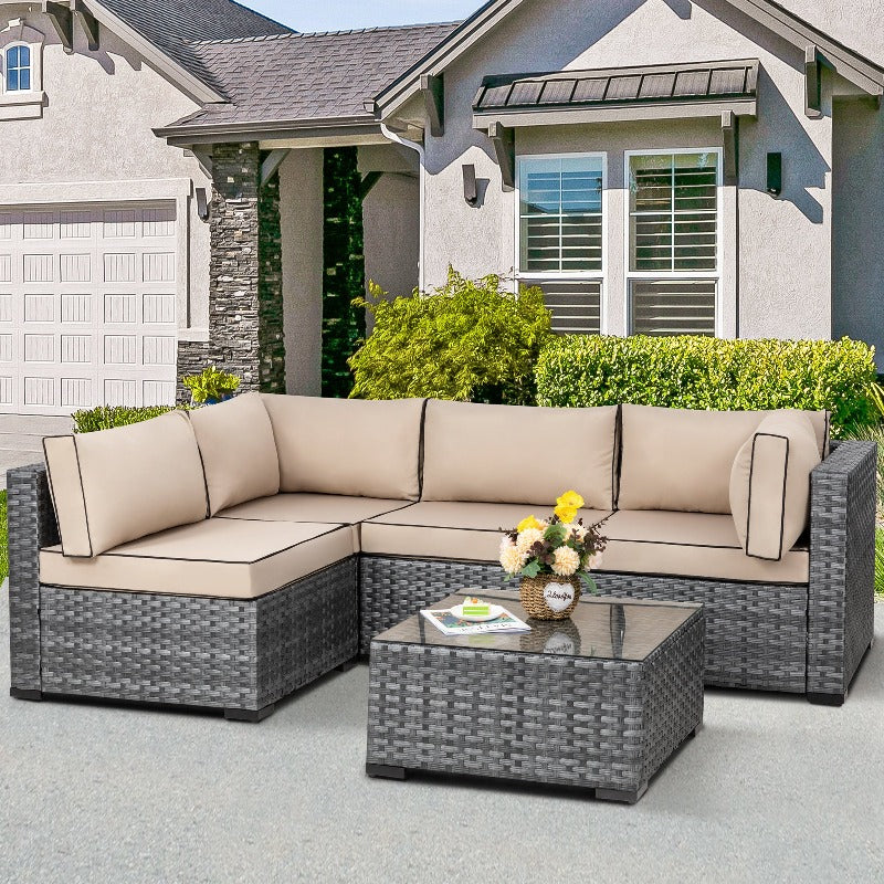 Walsunny Patio Furniture 5 Pieces Outdoor Sectional Sofa Set, Silver Wicker#color_khaki