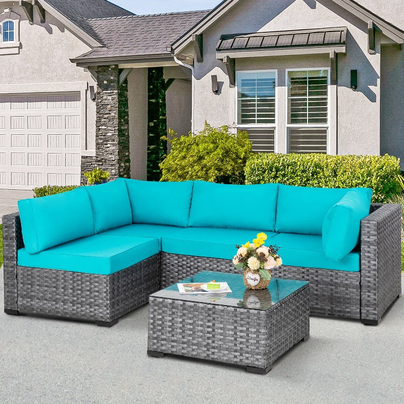 Walsunny Patio Furniture 5 Pieces Outdoor Sectional Sofa Set, Silver Wicker#color_blue