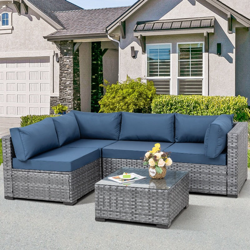 Walsunny Patio Furniture 5 Pieces Outdoor Sectional Sofa Set, Silver Wicker #color_aegean-blue