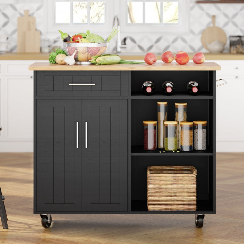 Walsunny 42‘’ Kitchen Island Cart Storage with Solid Wood Top#color_black