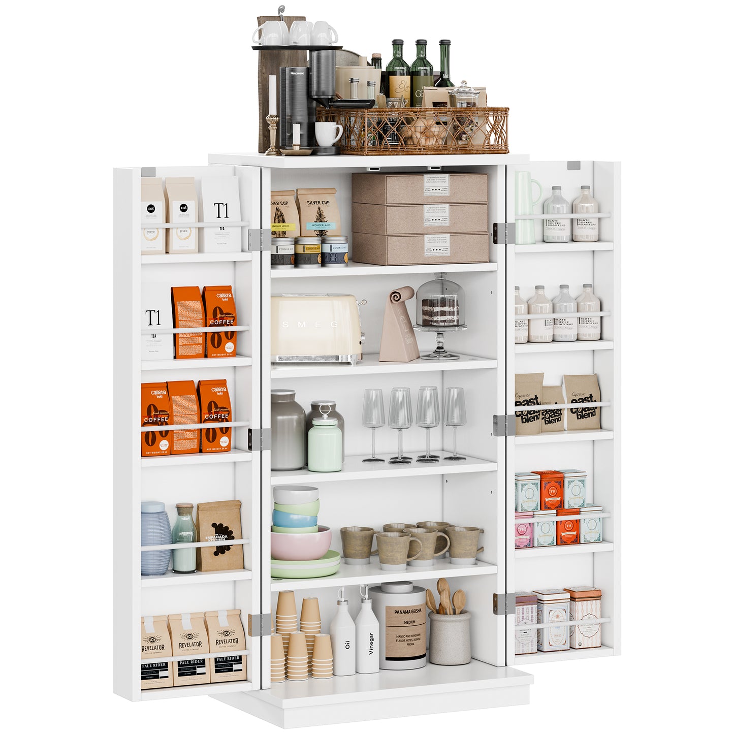 Meilocar 47in Kitchen Pantry Cabinet, Wood Kitchen Storage Pantry Cabinets Freestanding Pantries Cabinets with Doors & Adjustable Shelves, White