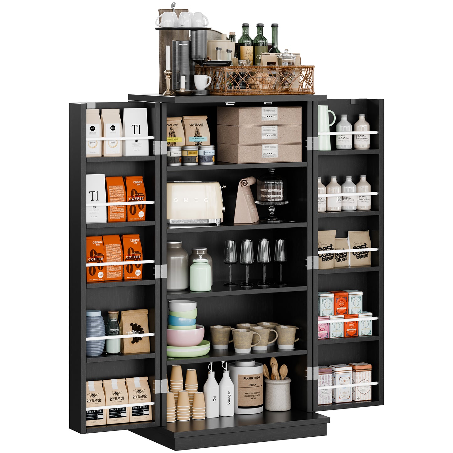 Meilocar 47in Kitchen Pantry Cabinet, Wood Kitchen Storage Pantry Cabinets Freestanding Pantries Cabinets with Doors & Adjustable Shelves, White