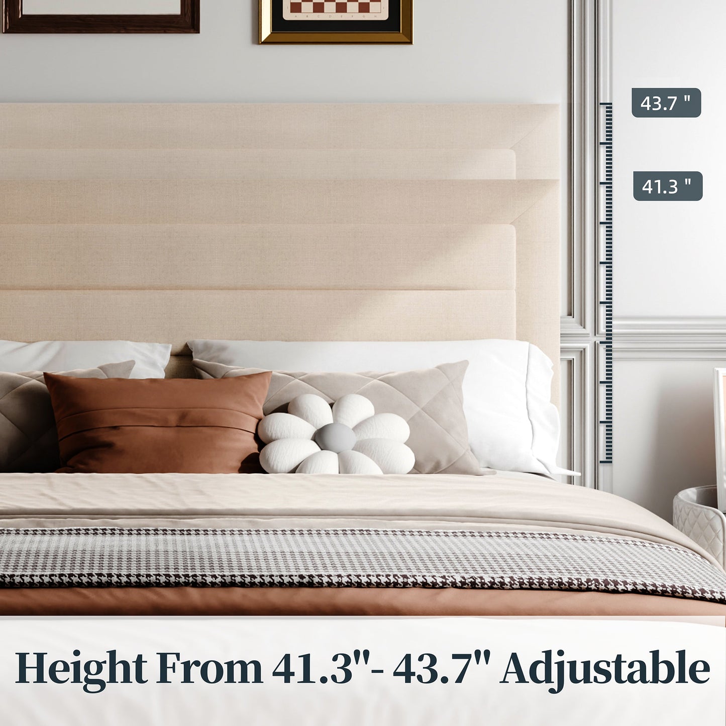 Walsunny Bed Frame with 4 Storage Drawee, Platform Bed with Upholstered Modern Geometric Lines Headboard, Solid Wood Slats Support
