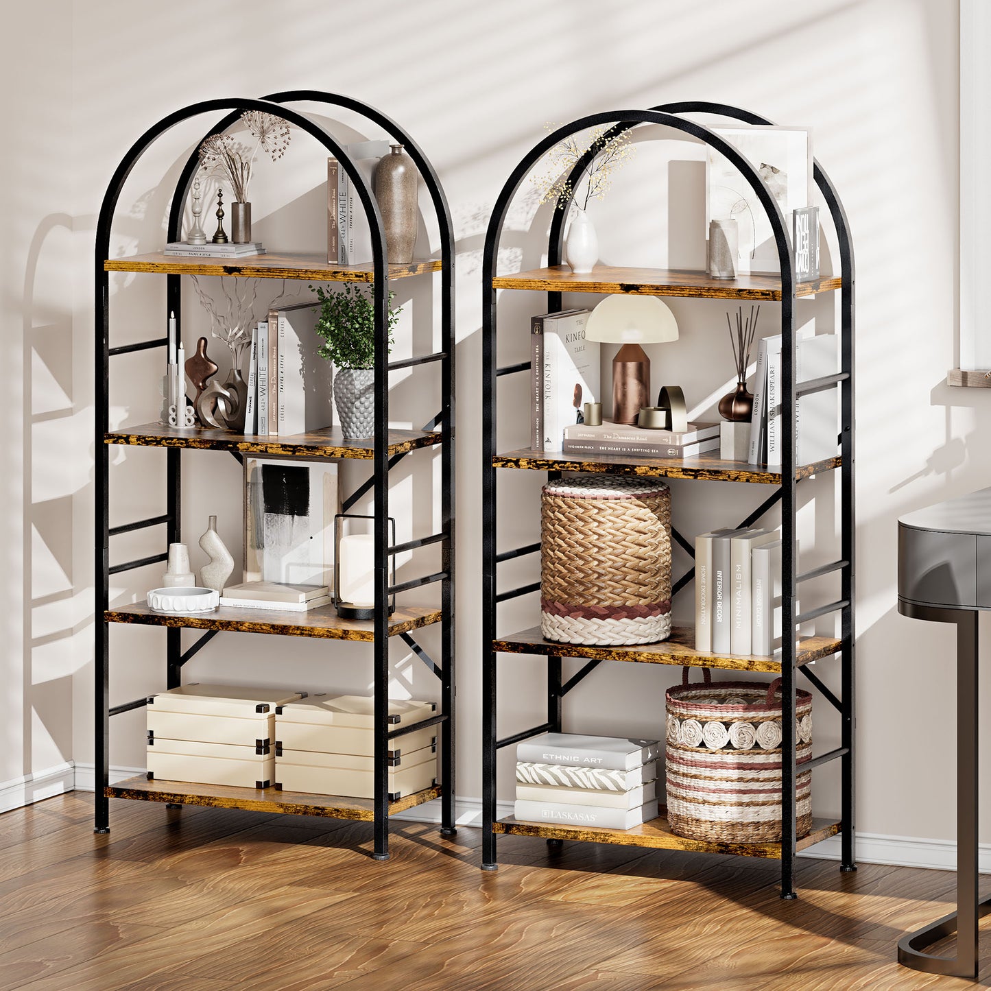 Walsunny 4-Tier Arched Bookshelf Industrial Open Storage Shelf, Display Bookshelves with Metal Frame, Rustic Wood Tall Bookcase for Living Room, Home Office,