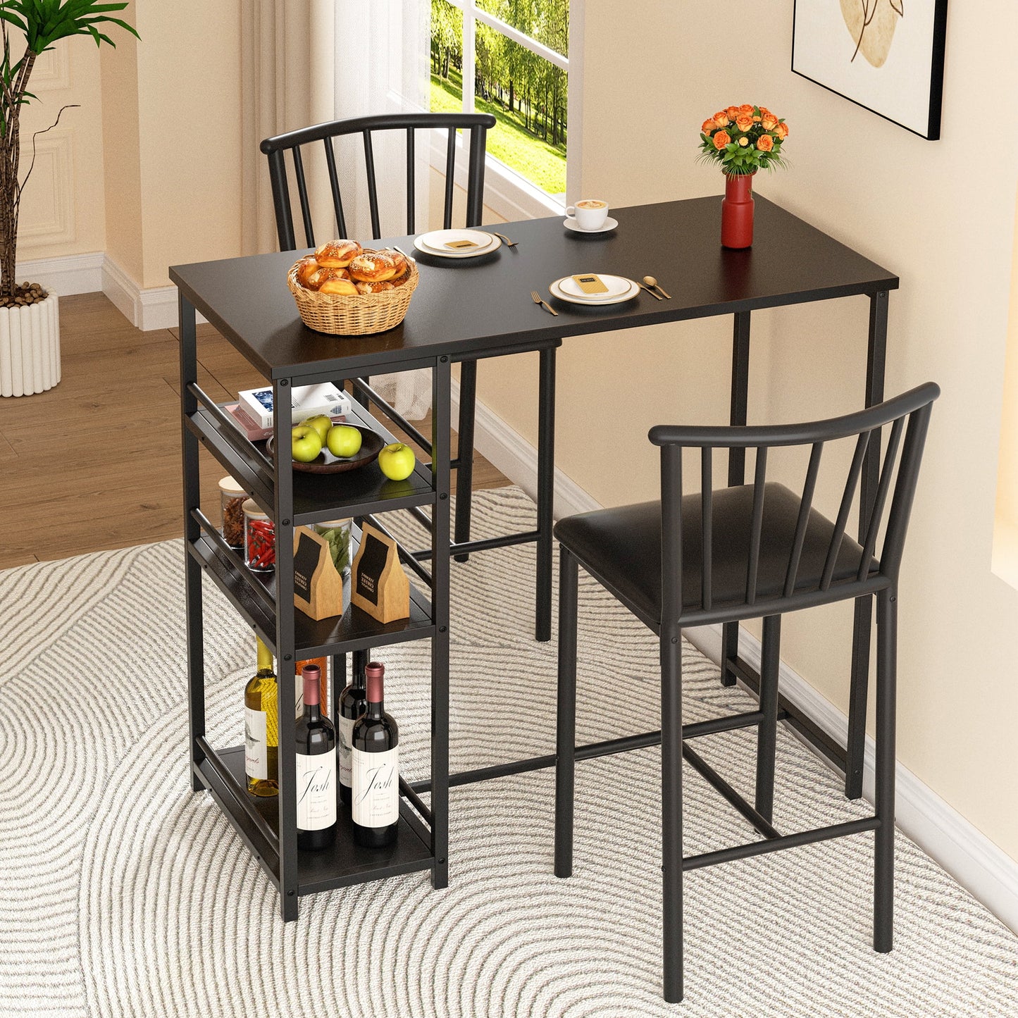 Walsunny Dining Table Set Small Bar Table Kitchen and Chairs Set for 2 with Storage Shelves and 2 Stools,Tall Breakfast Nook Suitable for Pub,Dining Room,Kitchen,Black