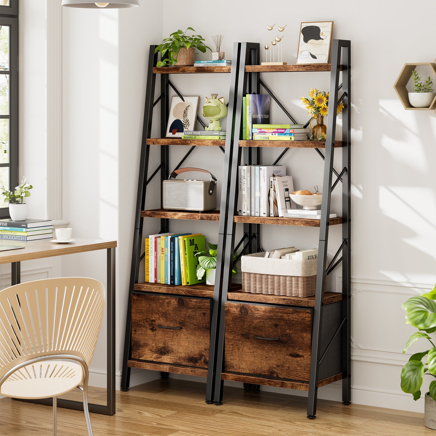 Walsunny Ladder Bookshelf Organizer, Solid Rubberwood Frame, Espresso Finish, 16.7" D x 12" W x 55.7" H