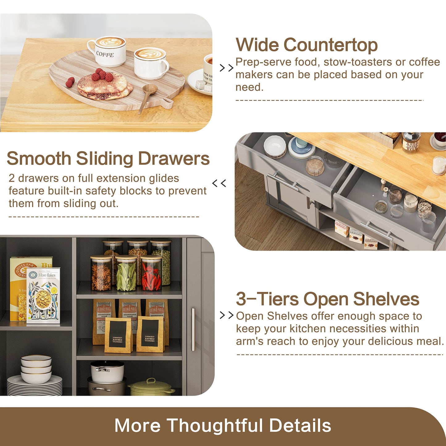 Walsunny 40" Kitchen Islands Carts with Storage Drop Leaf Countertop on Wheels Rolling Microwave Utility Carts with 3 Drawers 1 Storage Cabinets,Brown