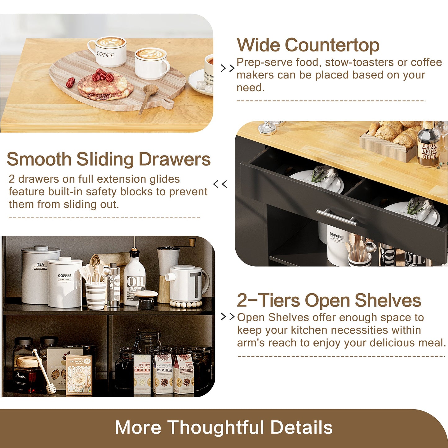 Walsunny Kitchen Island on Wheels with Storage Cabinet, Rolling Cart Kitchen Storage Organizer with/3 Side Spice Rack, 2 Tier Open Shelf for Kitchen