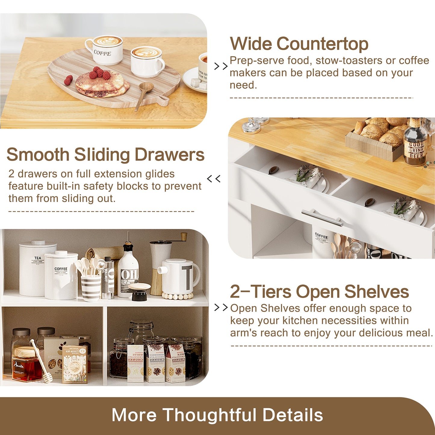 Walsunny Kitchen Island on Wheels with Storage Cabinet, Rolling Cart Kitchen Storage Organizer with/3 Side Spice Rack, 2 Tier Open Shelf for Kitchen