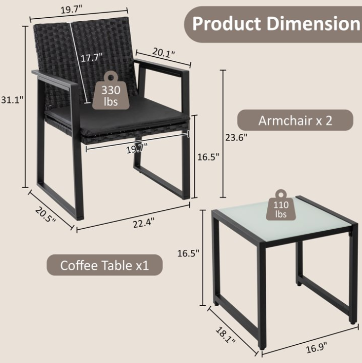 Walsunny 3 Piece Modern Patio Bistro Set,All-Weather Patio Furniture Set with Glass Top Coffee Table,Rattan Conversation Set with Cushions and Side Table for Balcony Porch Garden Backyard,Black