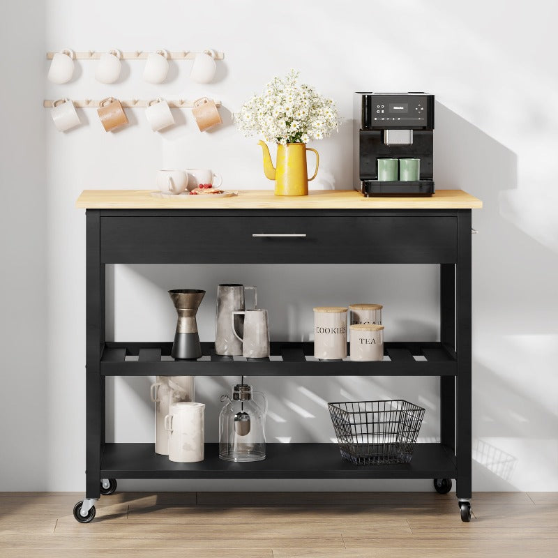Walsunny 40‘’ Kitchen Island Storage & Bar Cart with Solid Wood Top#color_black