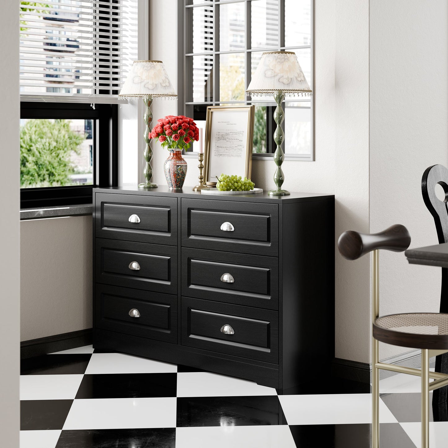 Walsunny 9 Drawer Double Dresser Black Wooden Wide Chest of Drawers with Metal Handles Storage Organizer Dresser Nursery Dresser for Living Room Hallway