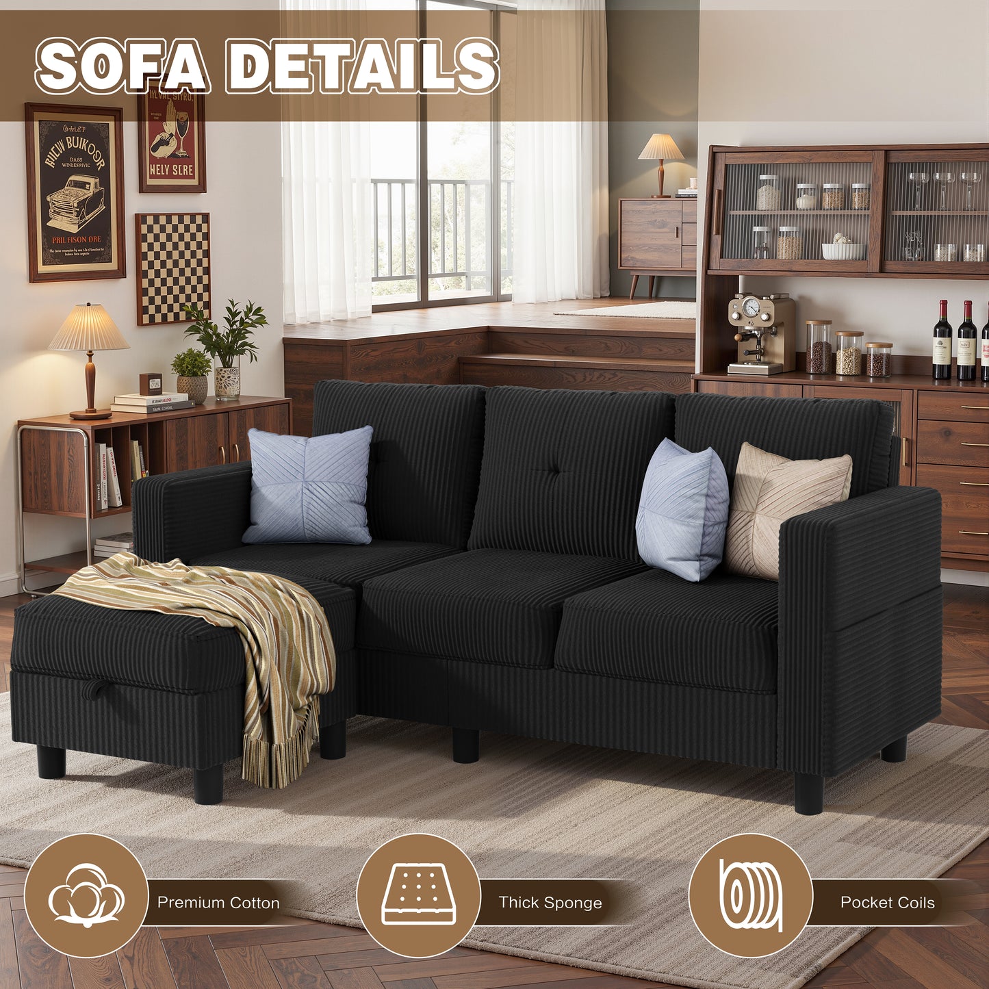 Walsunny Convertible Sectional Sofa Couch, Modern Linen Fabric L-Shaped Couch 3-Seat Sofa Sectional with Reversible Chaise for Small Living Room, Apartment and Small Space
