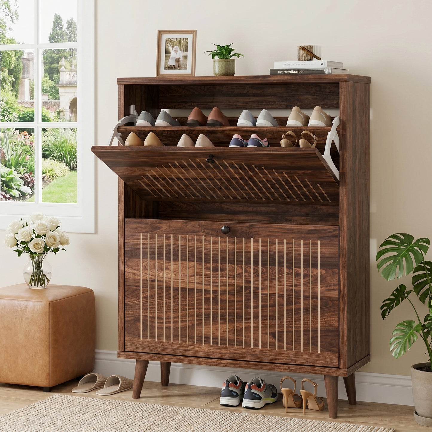 Walsunny Shoe Storage Cabinet with Flip Drawers, Slim Shoe Organizer Cabinet with Adjustable Shelves Wood Shoe Cabinet for Entryway