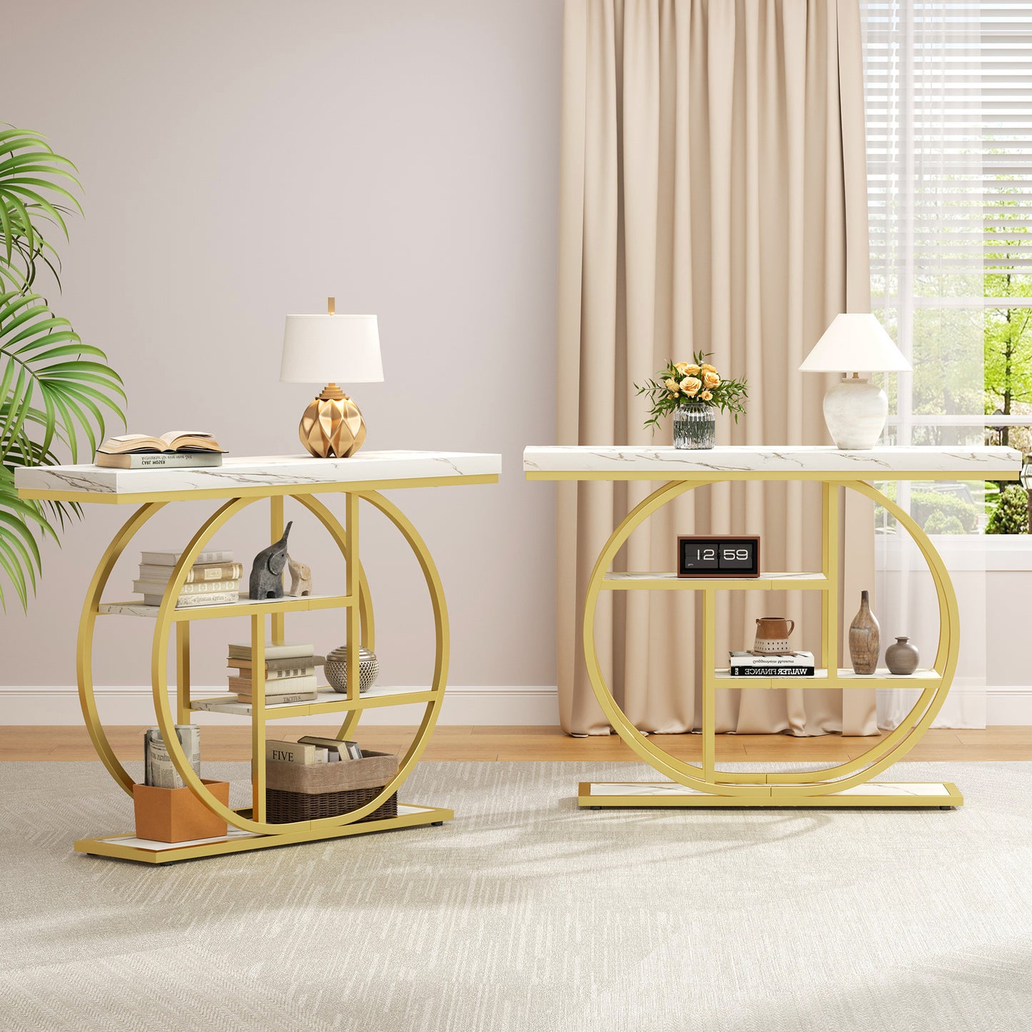 Walsunny Industrial 4-Tier Console Table, Entryway End Table with Circular Metal Frame, Narrow Wood Side Table with Storage Shelves for Living Room, Bedroom