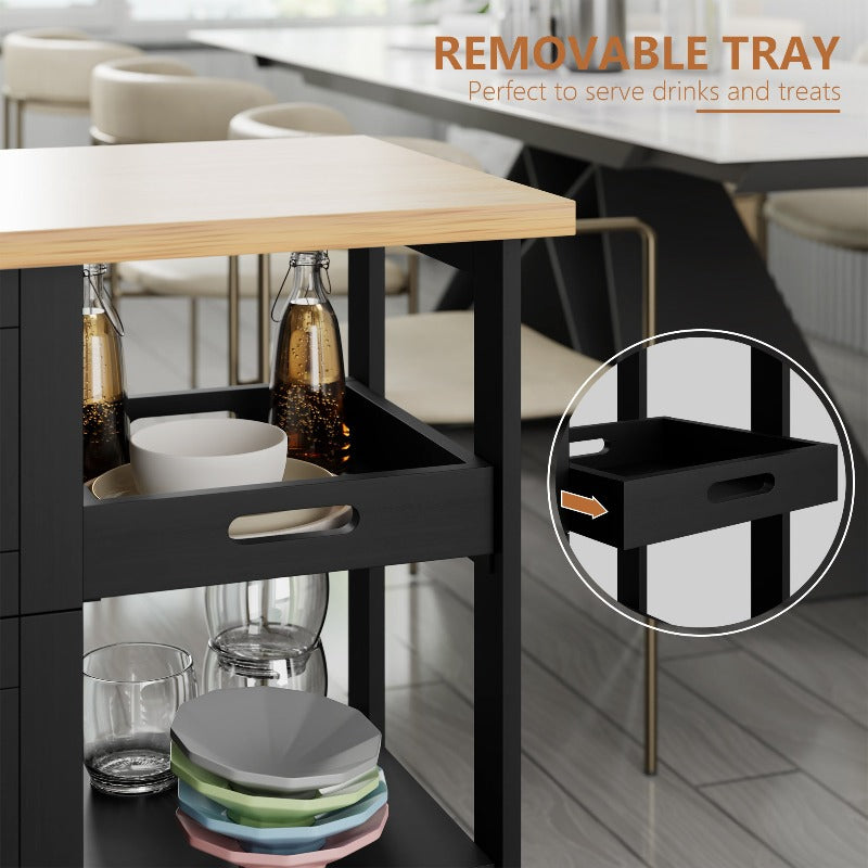 Walsunny 26.57‘’ Rolling Kitchen Island Storage & Bar Cart with Solid Wood Top#color_black