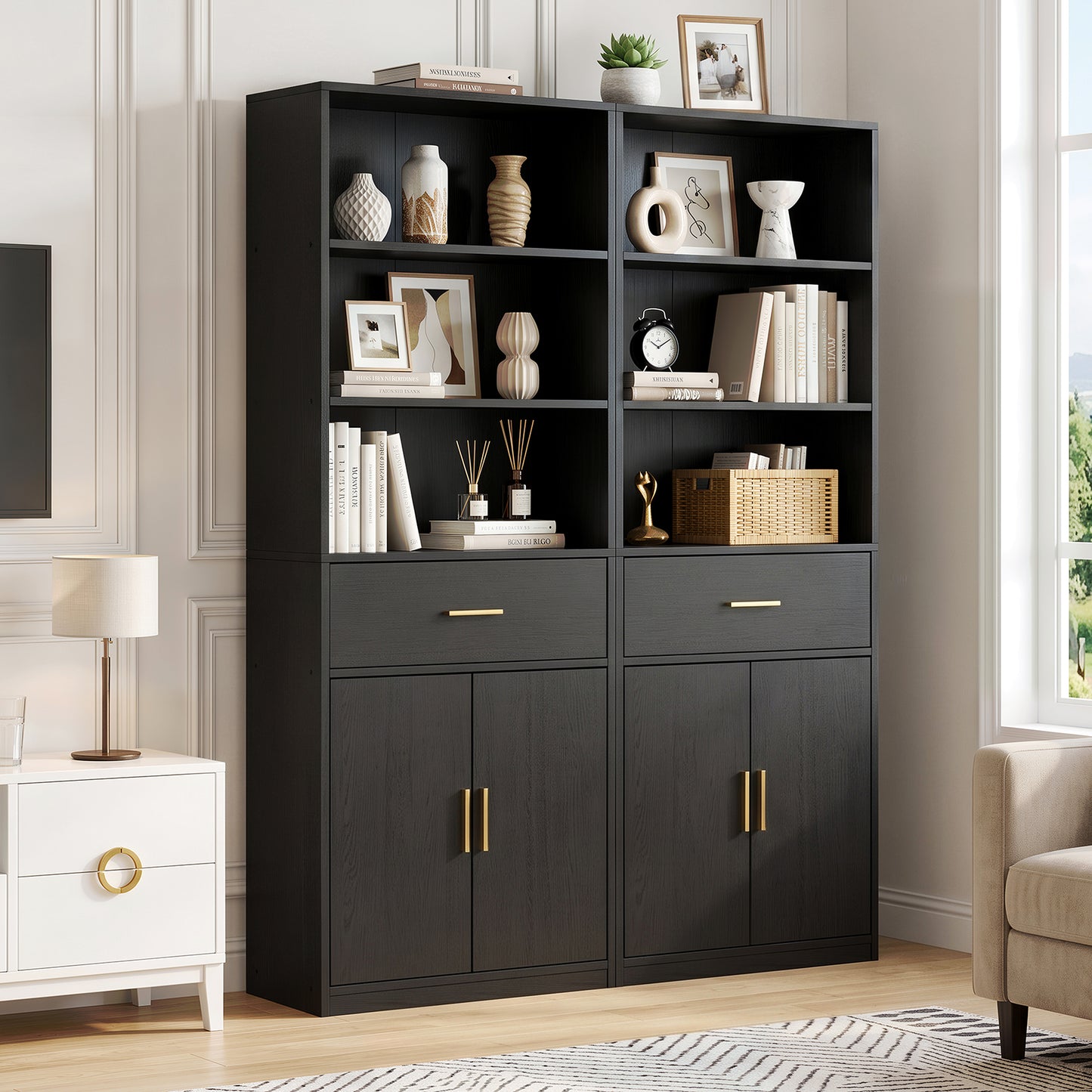 Walsunny Bookshelf with Doors & Drawers, 6-tier Farmhouse Bookcase with Drawer, 71” Floor Standing Bookshelf with Door for Living Room Office