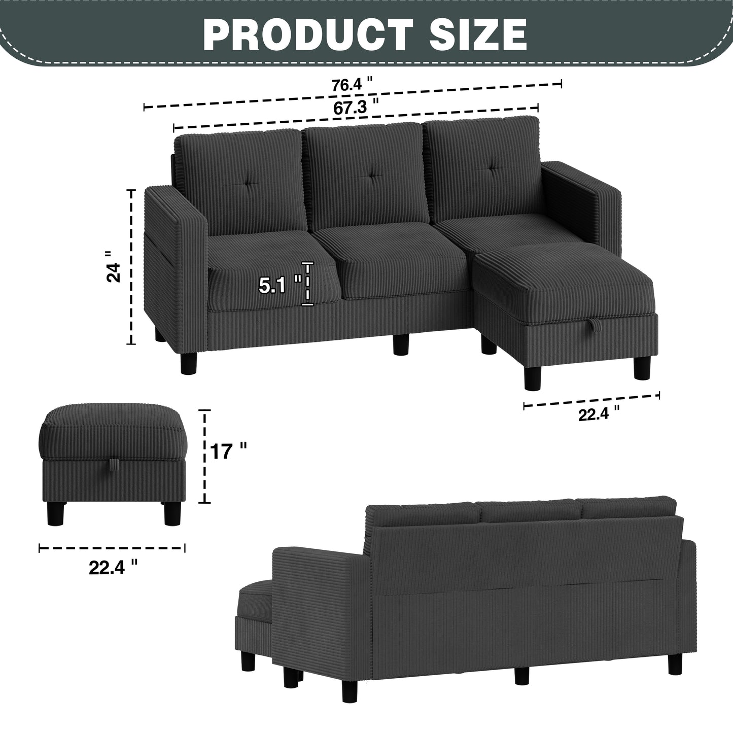Convertible Sectional Sofa Couch, Modern Linen Fabric L-Shaped 3-Seat Sofa Sectional with Reversible Chaise for Small Space