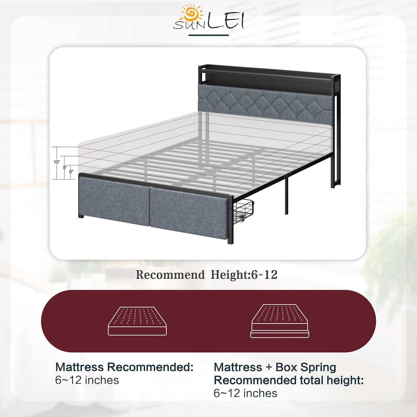 Walsunny Bed Frame with Led Light and Drawers Metal Platform Bed with Button Tufted Headboard Strong Metal Slats