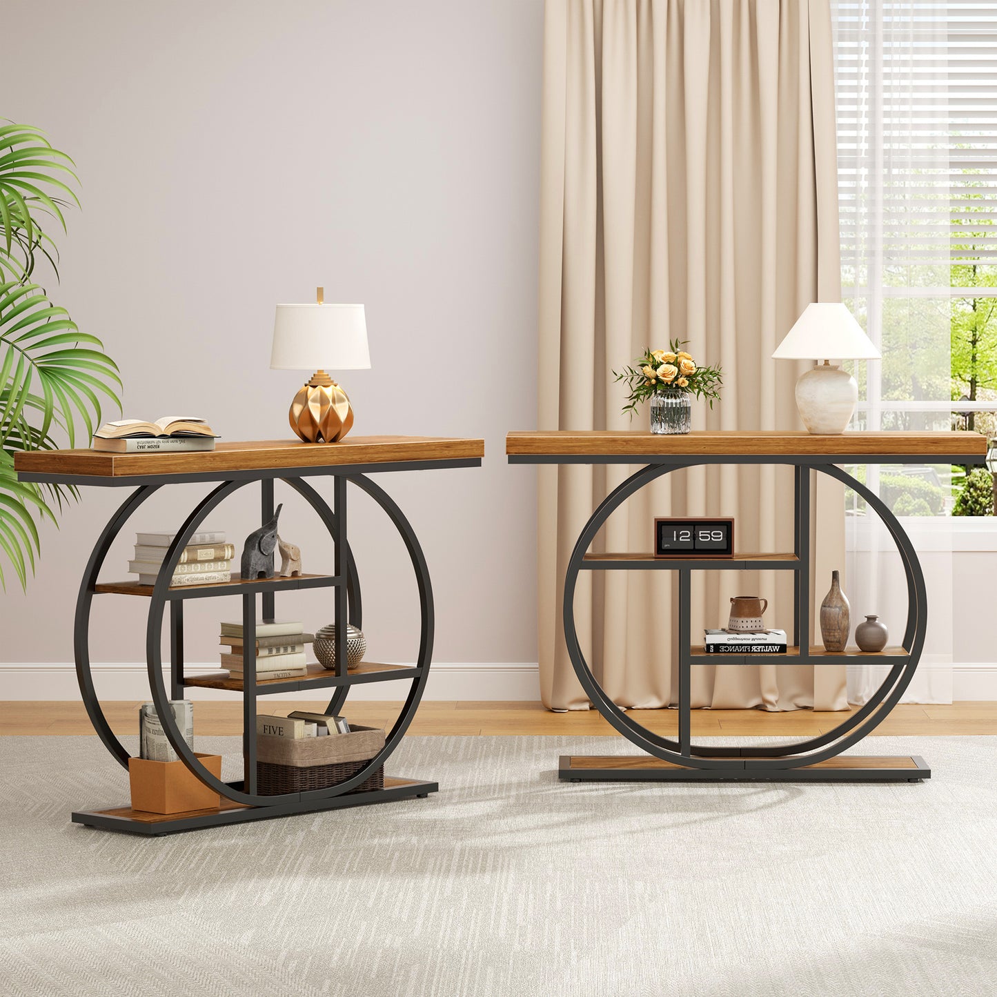 Walsunny Industrial 4-Tier Console Table, Entryway End Table with Circular Metal Frame, Narrow Wood Side Table with Storage Shelves for Living Room, Bedroom