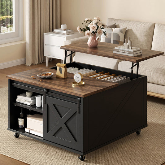 Walsunny Lift Top Coffee Table with Hidden Storage, Farmhouse Coffee Table, Vintage Lifting Top Side Table with Large Storage & Adjustable Shelves for Living Room