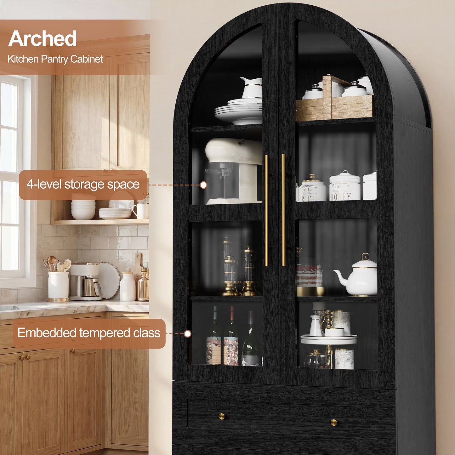Walsunny Arched Freestanding Bathroom Storage Cabinet with Drawers Glass Doors, Wooden Tall Cabinet with Shelves, Space-Saving Organizer for Bathroom