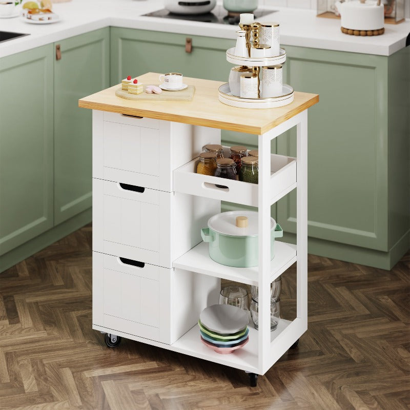 Walsunny 26.57‘’ Rolling Kitchen Island Storage & Bar Cart with Solid Wood Top#color_white