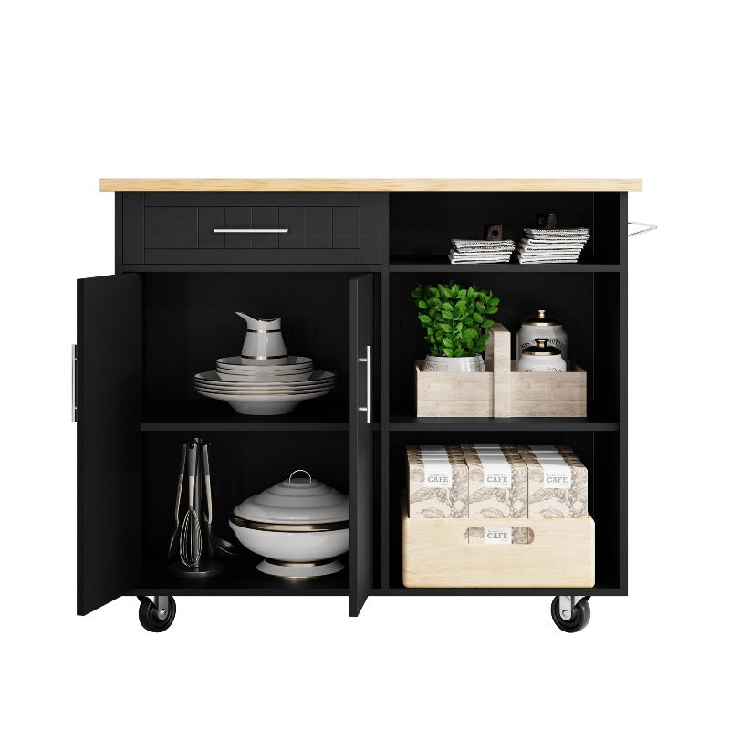 Walsunny 42‘’ Kitchen Island Cart Storage with Solid Wood Top#color_black