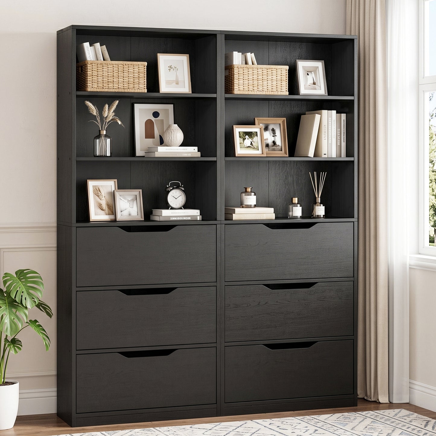 Walsunny Bookshelf with Drawers, 6 Tier H Shaped Bookcase with 3 Open Shelves, Wooden Tall Bookshelf and Bookcase for Living Room