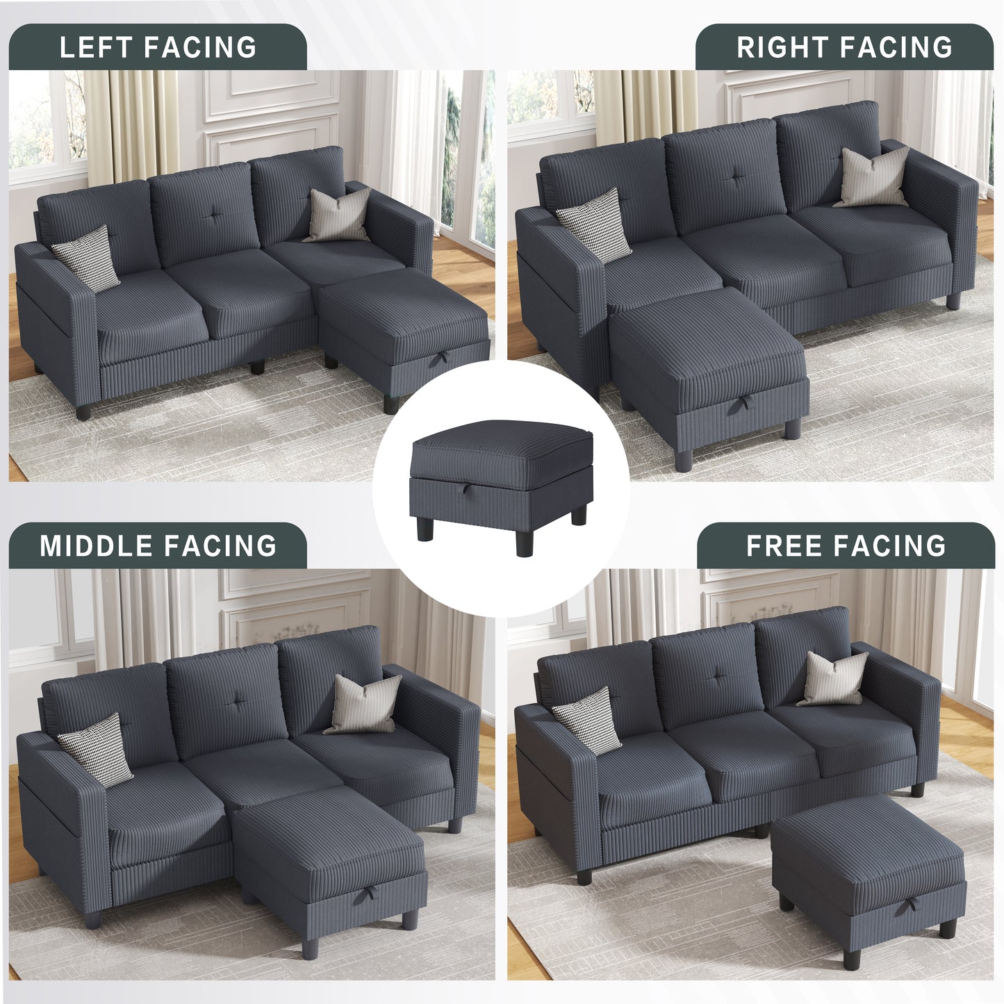 Walsunny 3-Seat L Shaped Modern Sectional Sofa with Storage Ottoman and Side Pockets US80