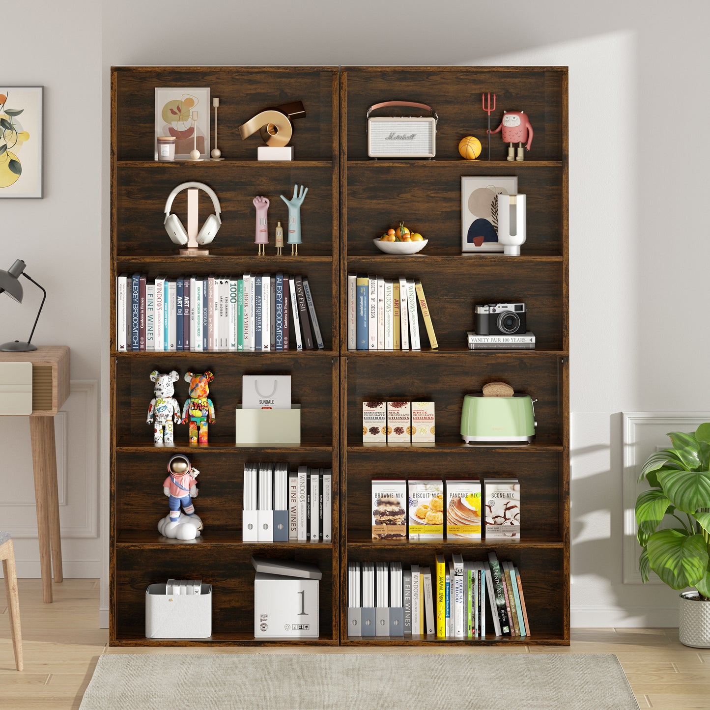 Walsunny 6 Tier Bookshelf Standard Wooden Bookcase Display Shelf with Storage Anti-tipping Device for Home Office Living Room