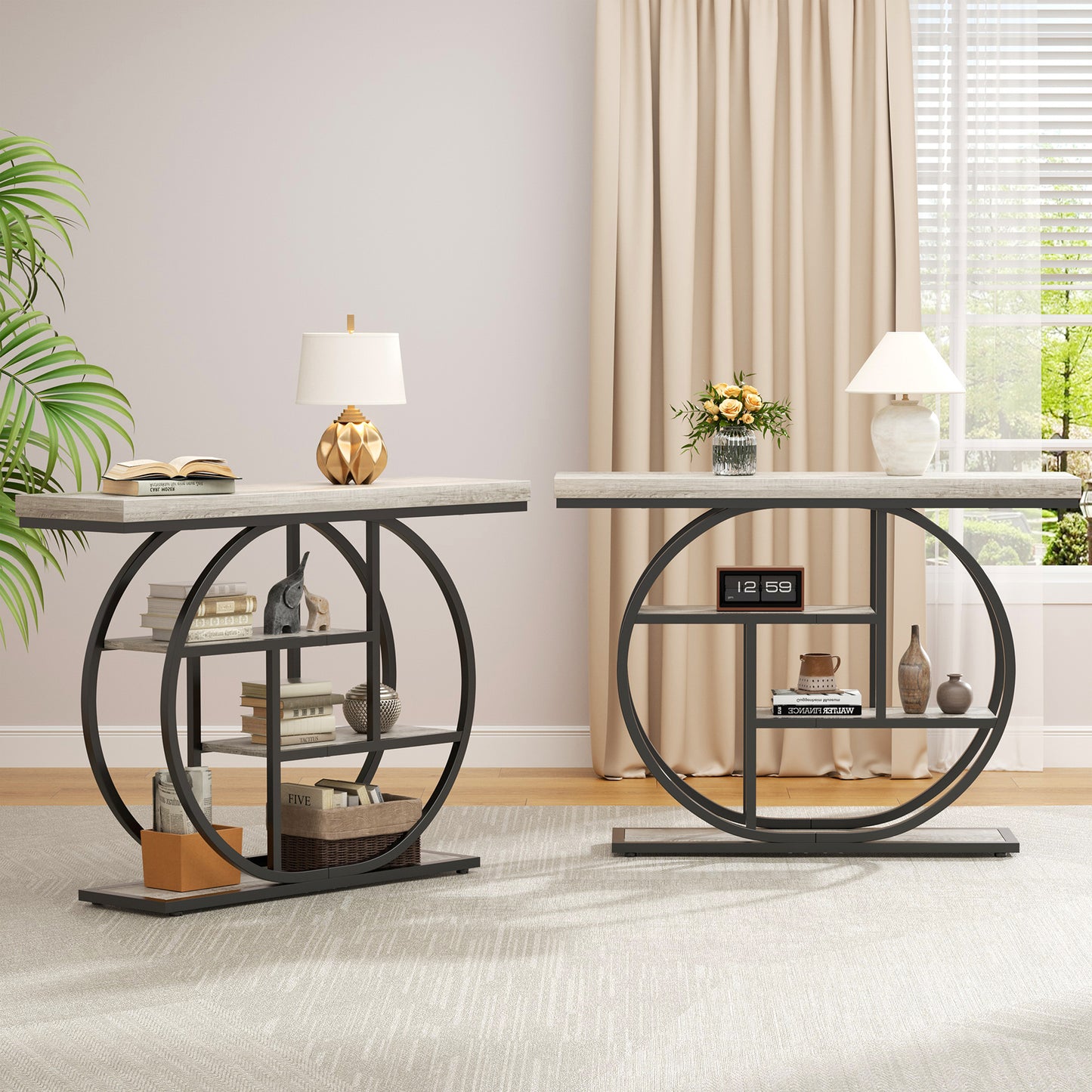 Walsunny Industrial 4-Tier Console Table, Entryway End Table with Circular Metal Frame, Narrow Wood Side Table with Storage Shelves for Living Room, Bedroom