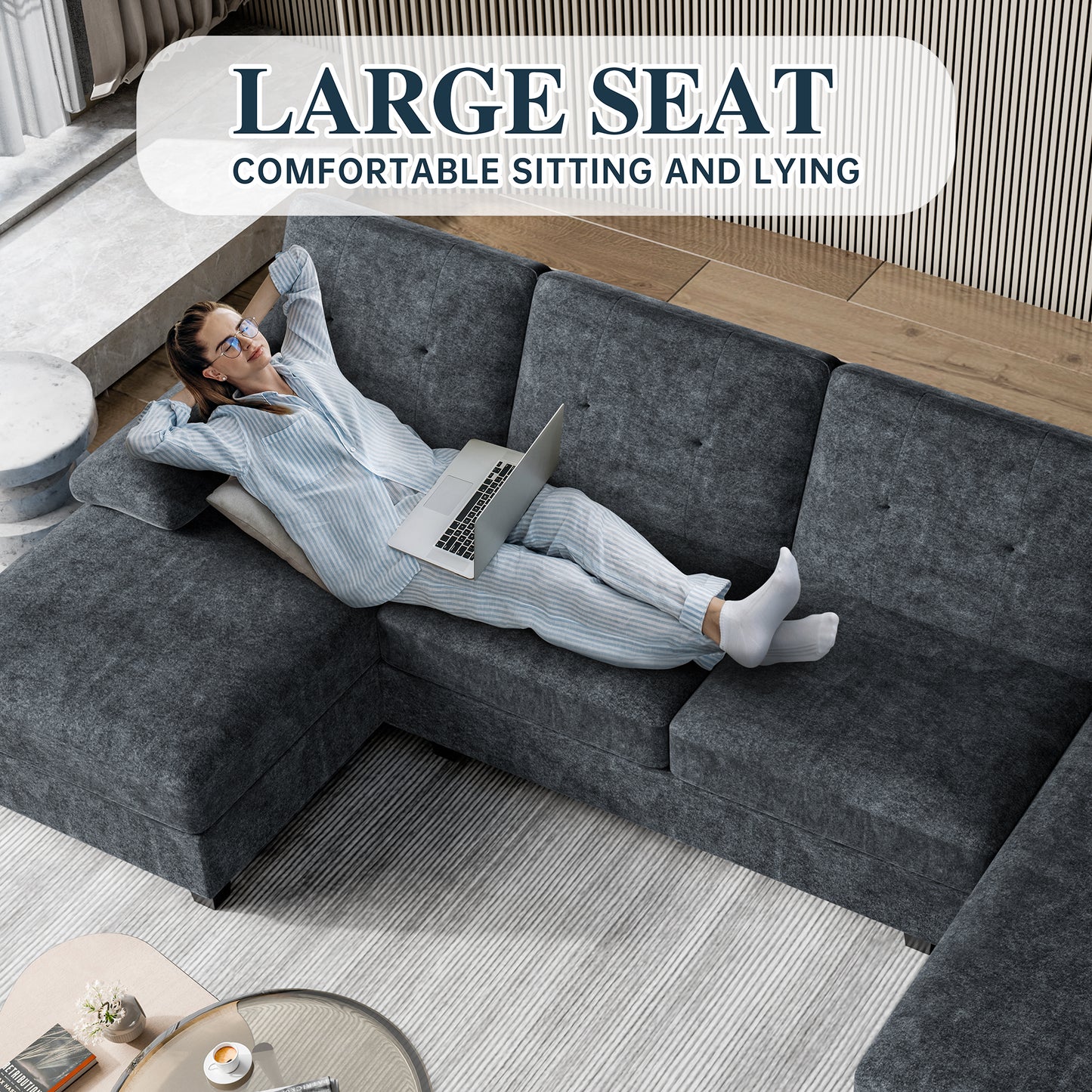 Walsunny U-Shaped Sectional Sofa Couch, 4 Seat U Shaped Oversized Clearance Sofa Set with Double Chaise for Living Room