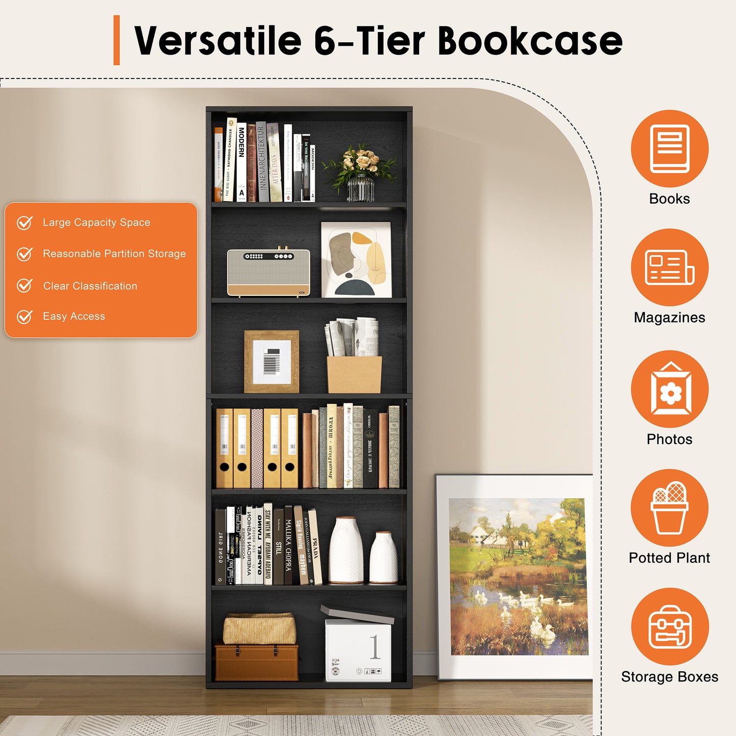 Walsunny 6 Tier Bookshelf Standard Wooden Bookcase Display Shelf with Storage Anti-tipping Device for Home Office Living Room