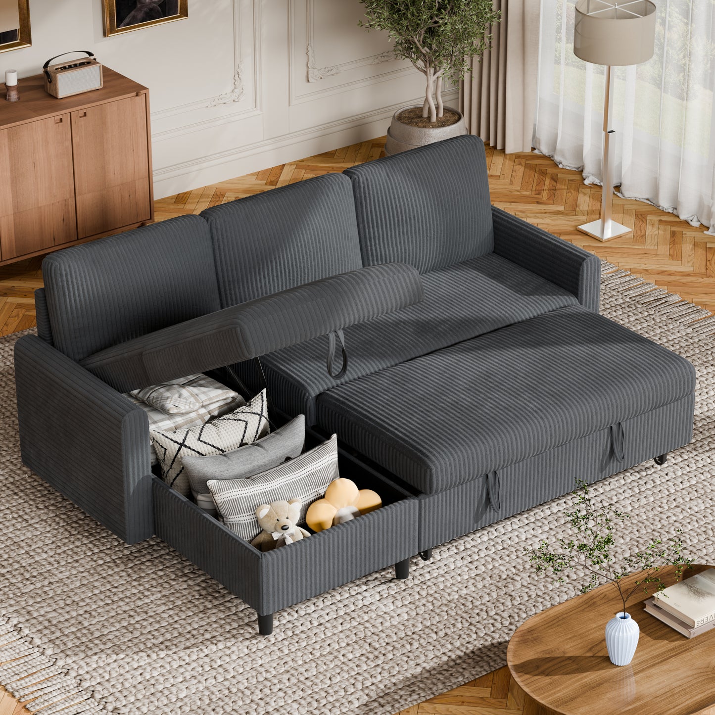 Walsunny Sectional Sofa Couch Bed Storage Chaise Sleeper Pull Out Sofa Couch for Living Room Deep Gray