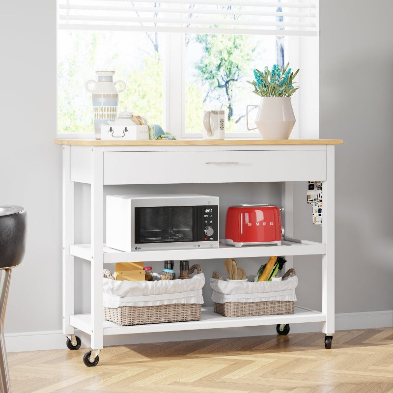 Walsunny 40‘’ Kitchen Island Storage & Bar Cart with Solid Wood Top#color_white