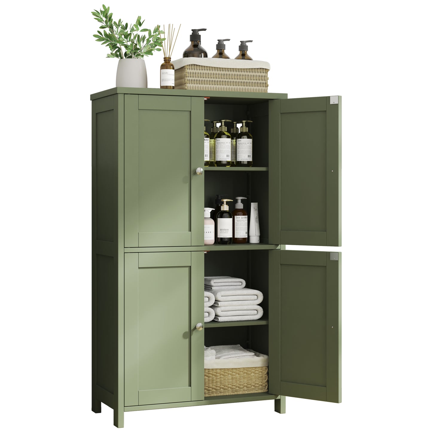Walsunny Bathroom Storage Floor Cabinet Organizer with Adjustable Shelf 4 Magnetic Doors 43" Wooden Pantry Cabinet Freestanding for Kitchen Living Room Small Spaces