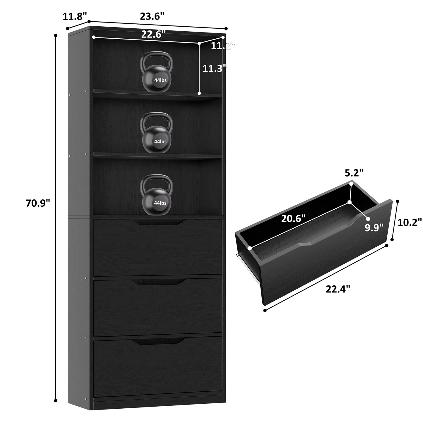 Walsunny Bookshelf with Drawers, 6 Tier H Shaped Bookcase with 3 Open Shelves, Wooden Tall Bookshelf and Bookcase for Living Room