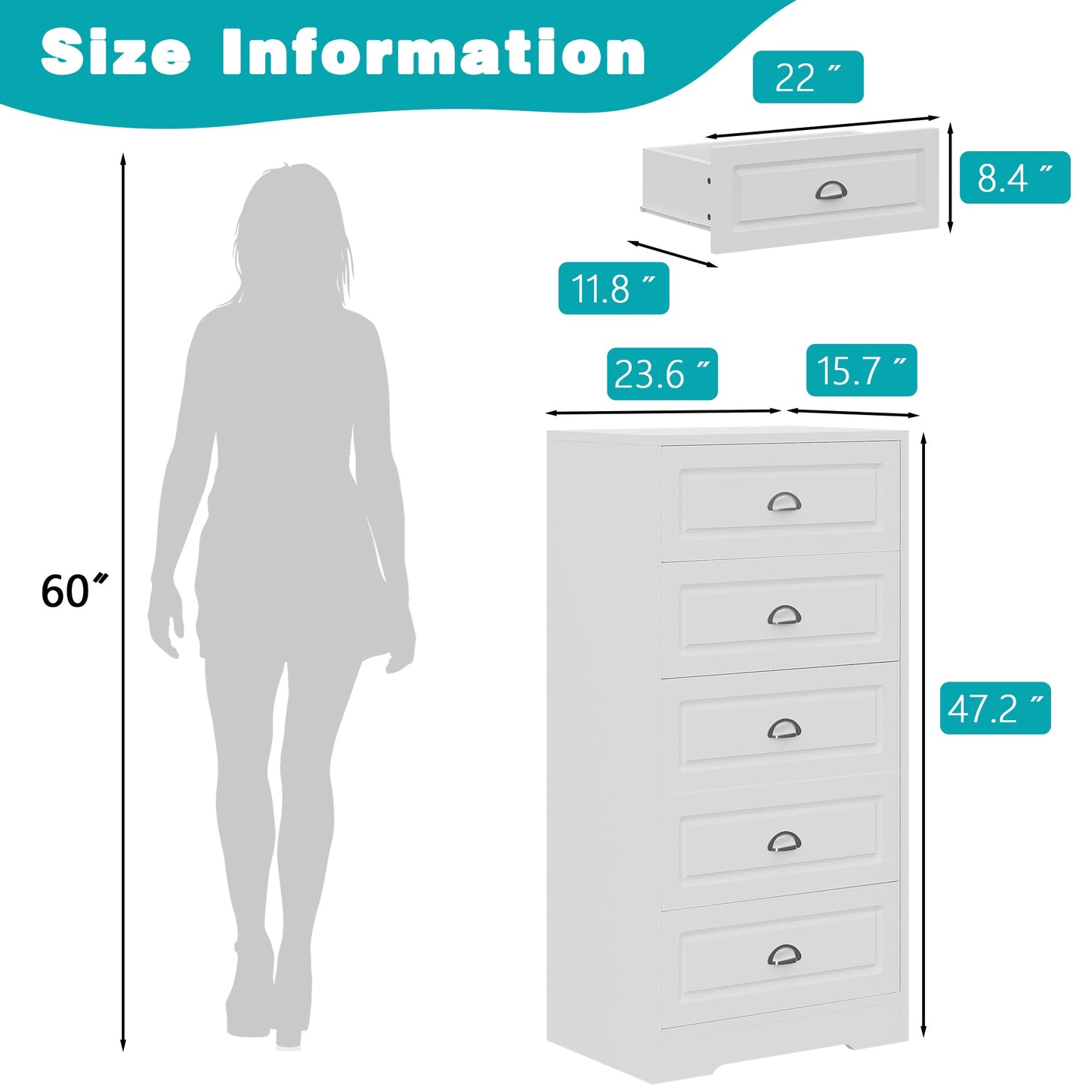 Walsunny 5 Drawer White Vertical Dresser Modern Storage Cabinet with Handle-Drawer Chest Wood Organizer for Living Room