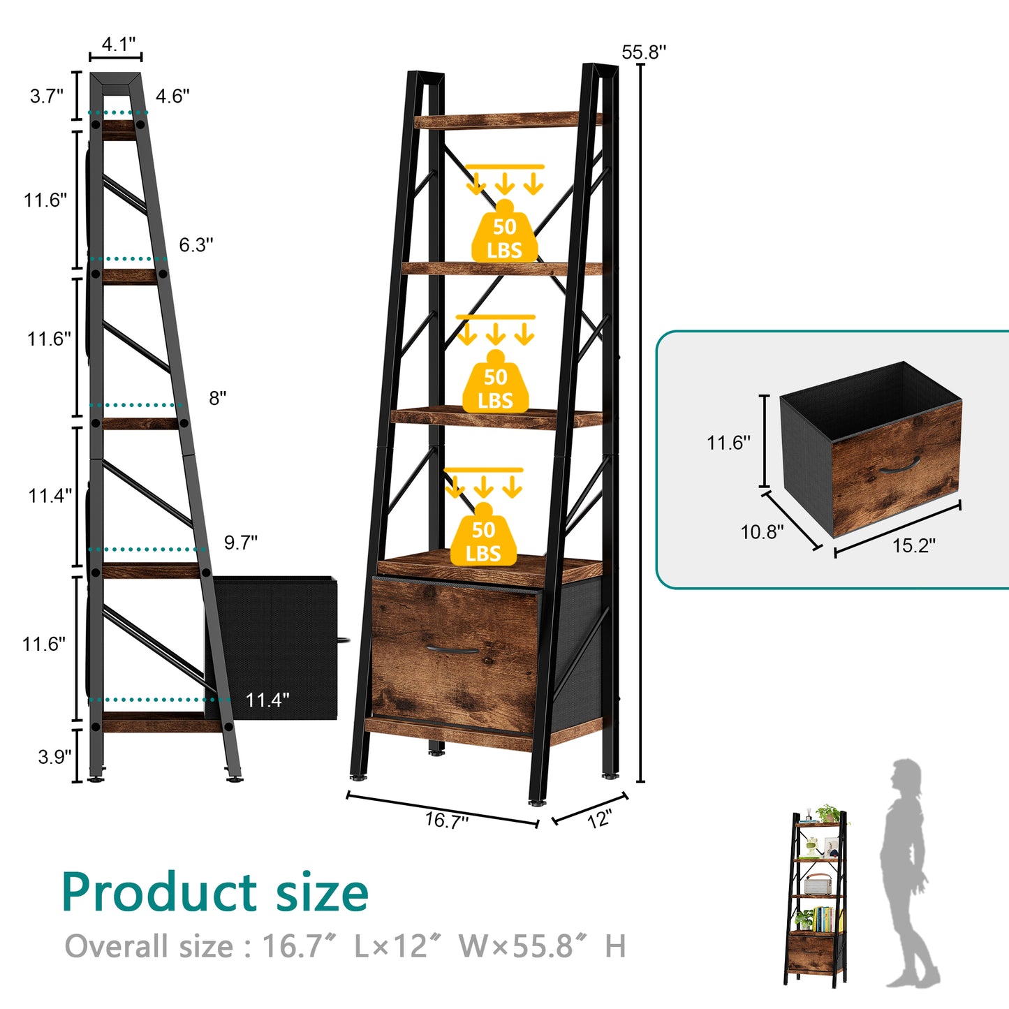 Walsunny Ladder Bookshelf Organizer, Solid Rubberwood Frame, Espresso Finish, 16.7" D x 12" W x 55.7" H