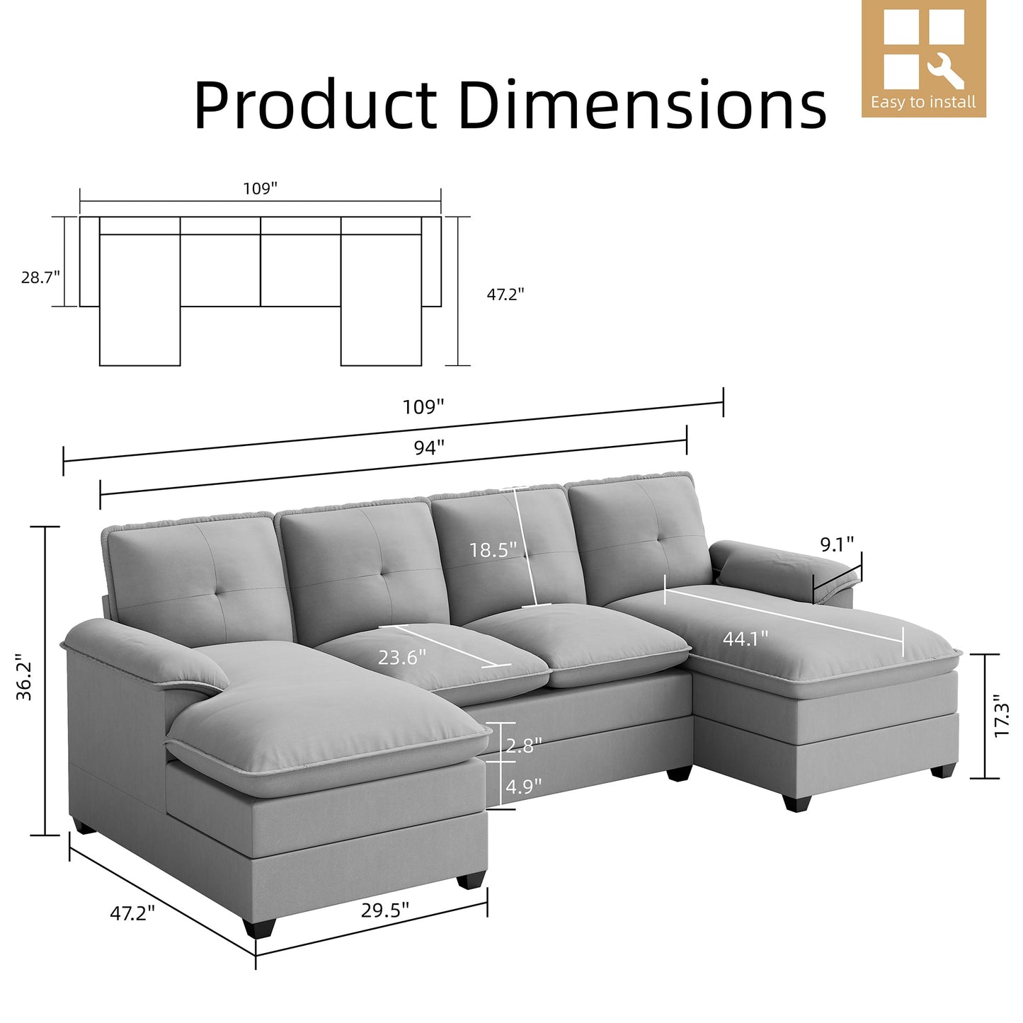 Walsunny 109''  4-Seat U Shaped Modern Sectional Sofa With Double Chaise for Apartment, Studio, Office