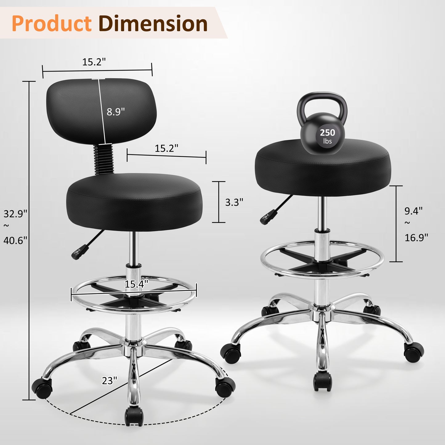 Walsunny Adjustable Bar Stools Set of 2 Leather Upholstered Swivel Counter Stools Counter Height Bar Stools with Large Base, Room Bar, Black