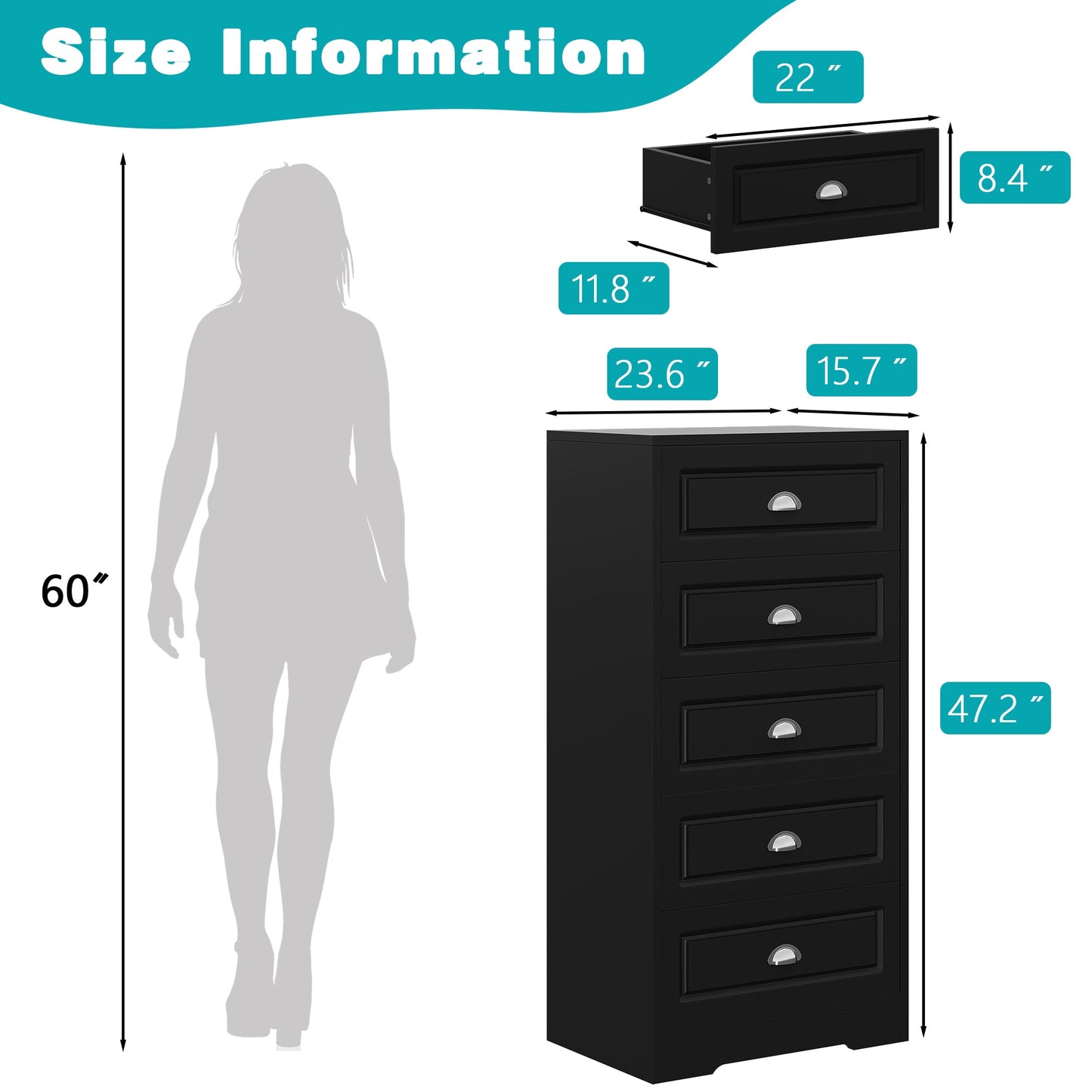 Walsunny 5 Drawer White Vertical Dresser Modern Storage Cabinet with Handle-Drawer Chest Wood Organizer for Living Room