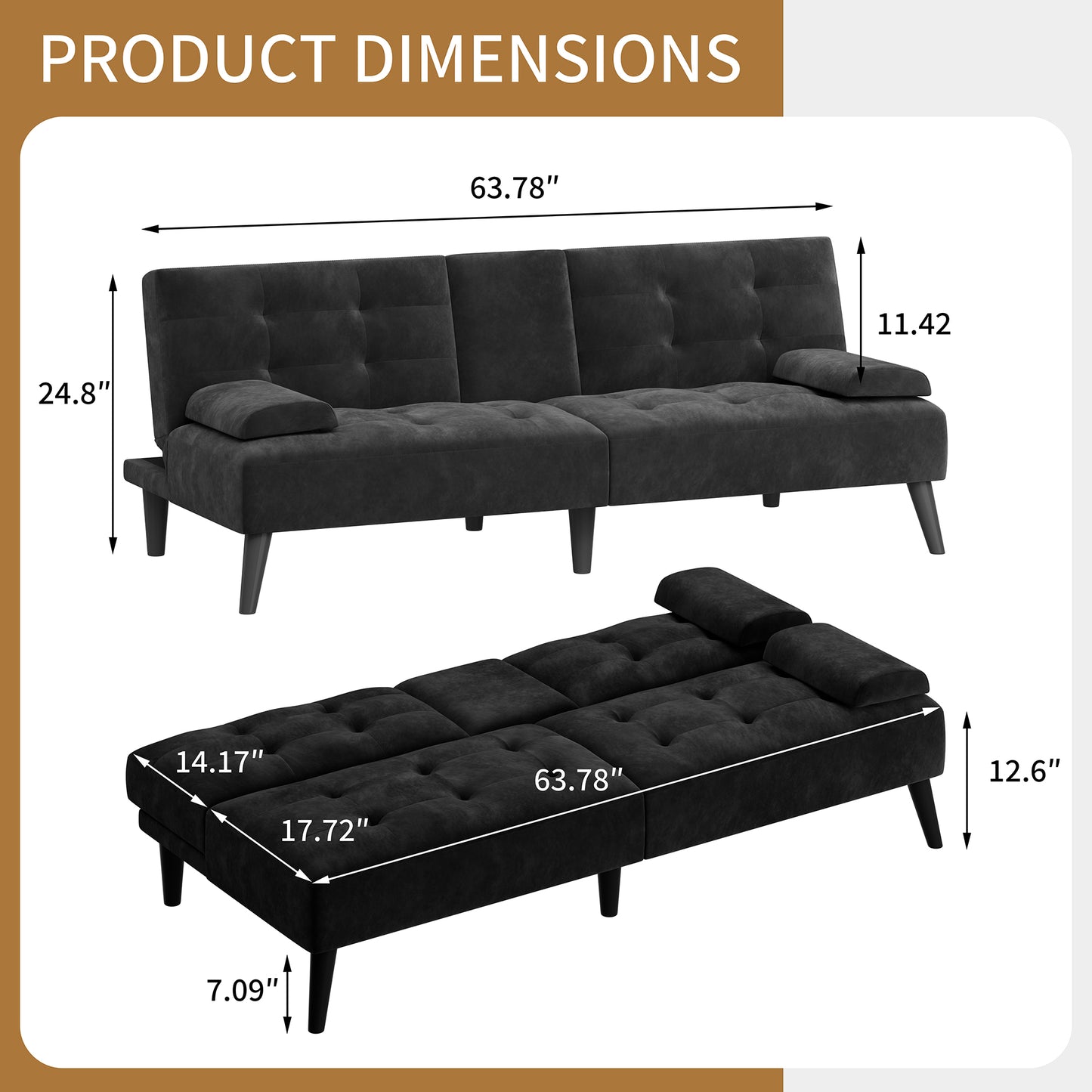 Walsunny Futon Sofa Bed with Hidden Cup Holders, Modern Convertible Folding Futon Couch with 3-Angle Adjustment for Living Room, Small Space