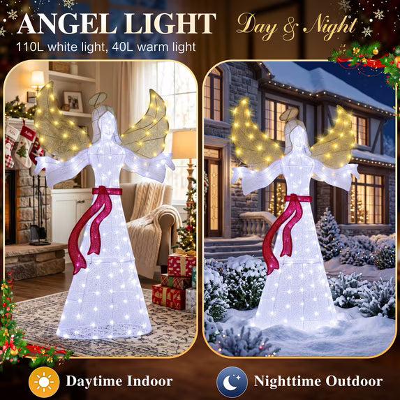 Walsunny 5.5 Ft 3D Pre-Lit Christmas Angel,Outdoor Glittered Angel with Halo Bow Wings Zip Ties Ground Stakes for Garden Villa Ornaments Weddings Parties,150 LED