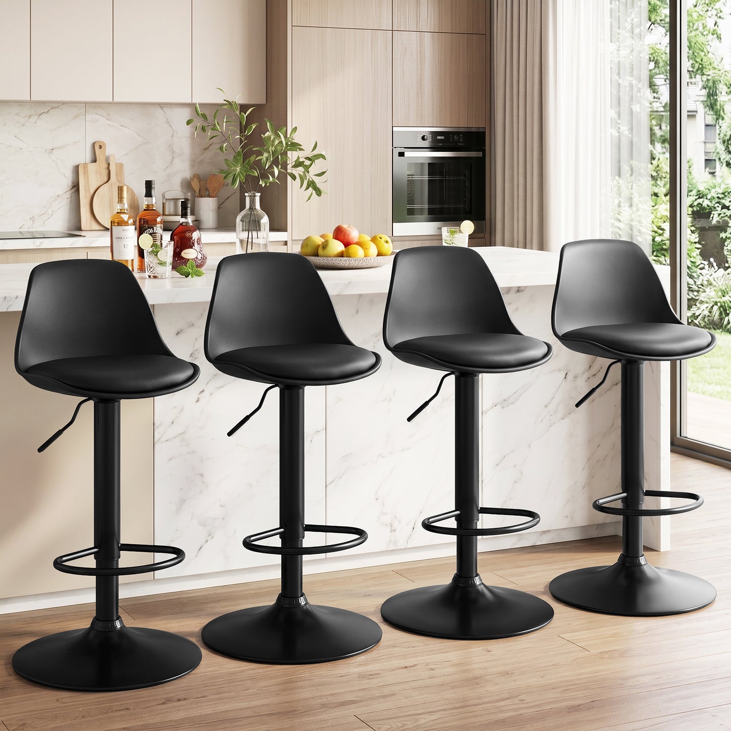 Walsunny Adjustable Bar Stools Set of 2 Counter Height Bar Chairs PU Leather Swivel Bar stools with Back for Kitchen Island Home Black