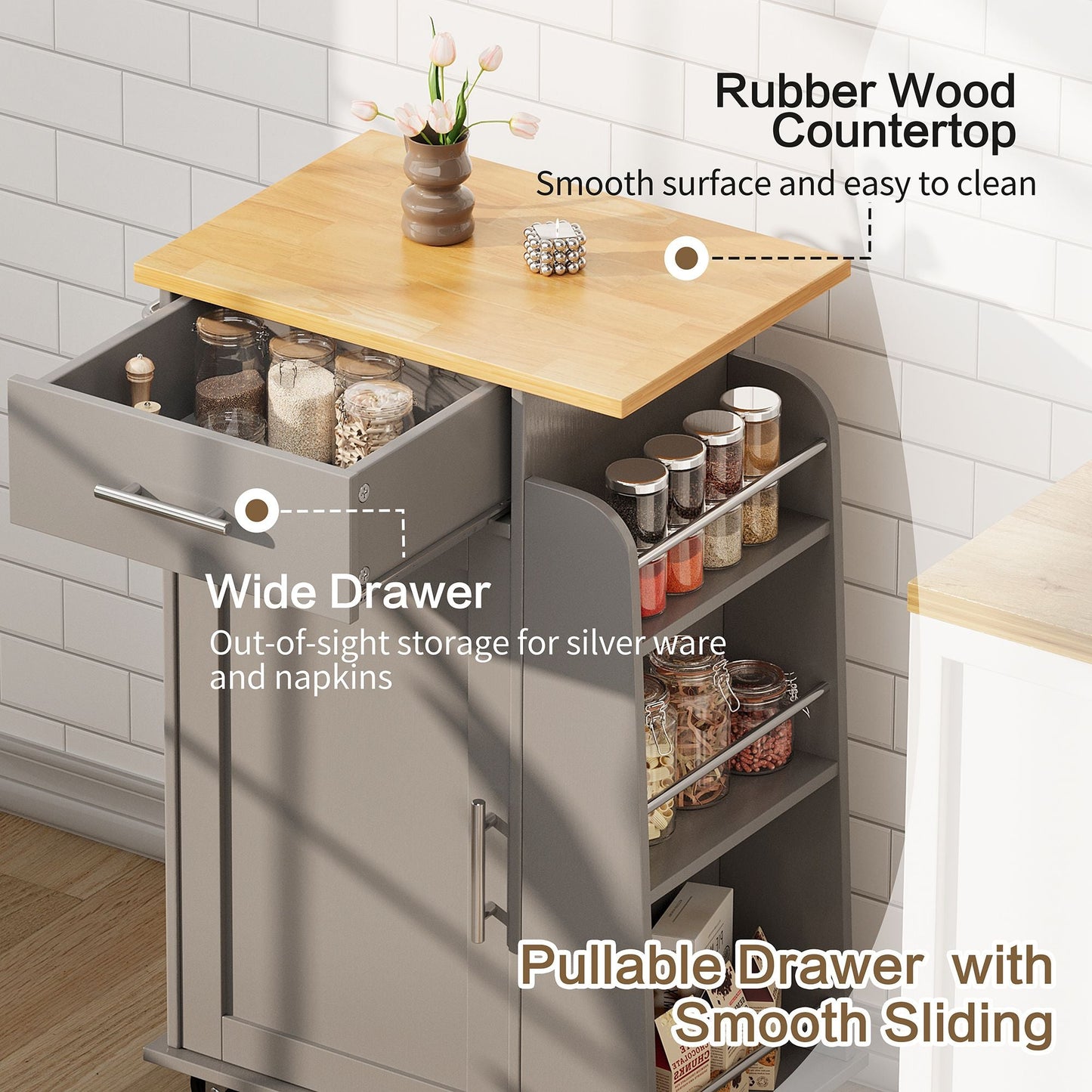 Walsunny Kitchen Island Rolling Cart with Storage Cabinet, Coffee Bar
